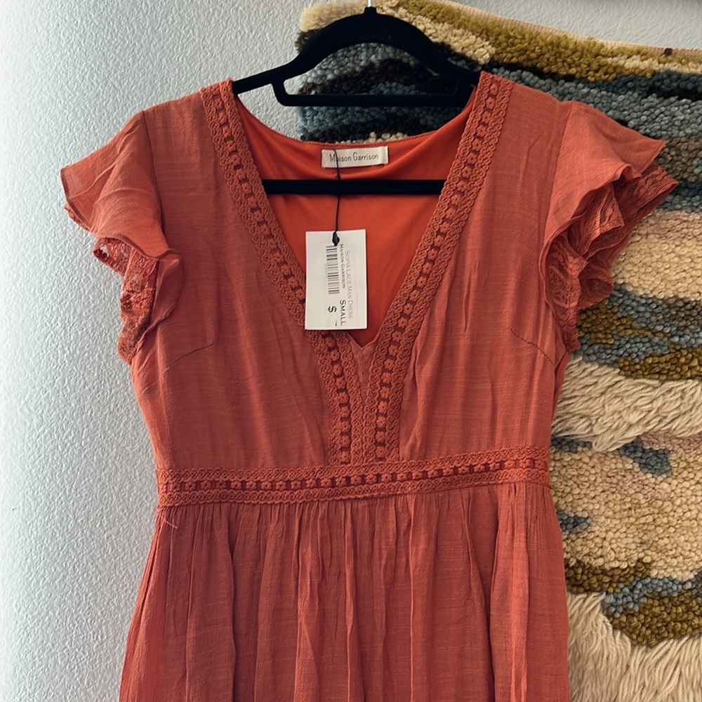Maison Garrison Sofia Lace Crepe Tiered Short Sleeve in Rust Maxi Dress